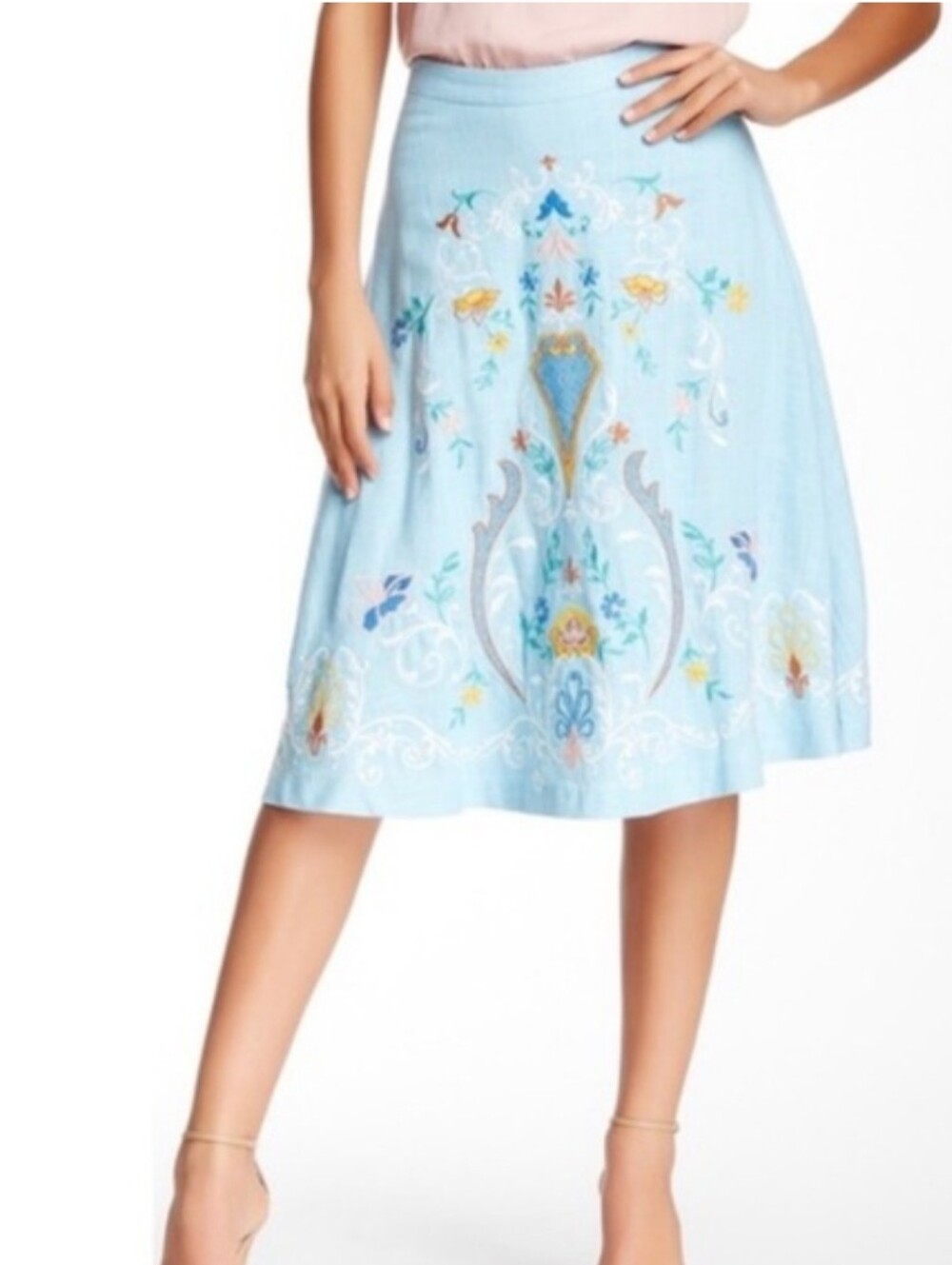 Champagne And StrawberryLight Blue Embroidered Flare Skirt